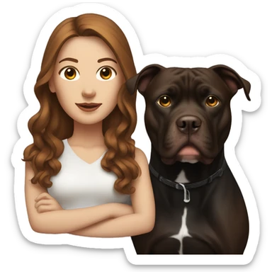 white woman with long brown hair standing alongside a black pitbull  sticker