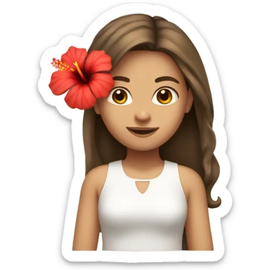 Brown haired girl with one red hibiscus flower in her hair wearing a white top sticker