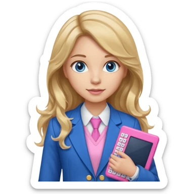 pretty female with long wavy brown hair with blonde highlights and blue eyes holding a pink calculator wearing school uniform which is a blue blazer and white blouse sticker