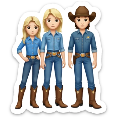  Brunette girl wearing cowboy boots with a belt buckle and jeans brown eyes and  tall  with a Blonde boy with a mullet and wearing boots 

 sticker