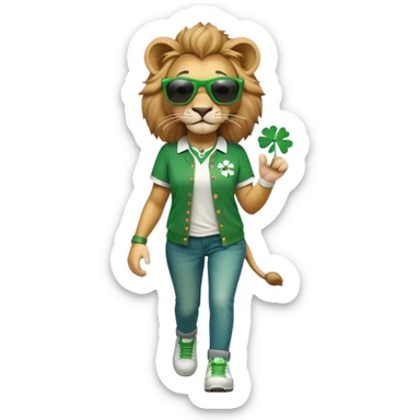 friendly anthropomorphised female lion wearing green and white baseball shirt, jeans, festive St. Patrick's Day accessories, dark sunglasses, walking upright with confident stride sticker