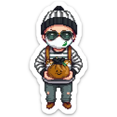 burglar with black and white striped shirt, black beanie, black mask over eyes, holding a moneybag sticker