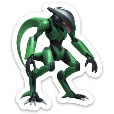 a shiny black-green Genesect-Raptor-Fakémon—hybrid with a futuristic visor-helmet full body sticker