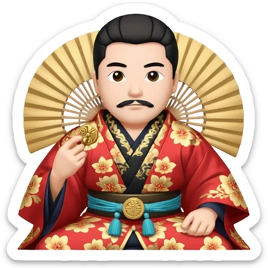 Wealthy warlord in ornate kimono, crest on chest, seated with fan in hand. sticker