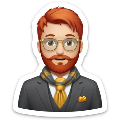 gray scarf, male,  beard, red hair, with suit, gold glasses sticker