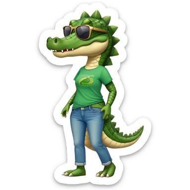 anthropomorphised female crocodile in a band t-shirt and jeans with sunglasses walking upright, relaxed pose sticker
