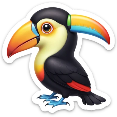Cinematic Cute Toucan Portrait Emoji, Head tilted playfully and inquisitively, with a delightfully vibrant beak and round, sparkling eyes filled with tropical charm, Simplified yet irresistibly adorable features, highly detailed, glowing with a warm, inviting tropical glow, high shine, affectionate and lively, stylized with a touch of whimsical exotic flair, soft glowing outline, capturing the essence of a mischievous yet loving toucan that seems as if it could flutter out of the screen into your arms! sticker