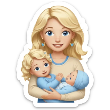 Wavy blonde, white woman with blue eyes, freckles hoop earrings, holding babies smiling and really cute in gold hoops she needs to be holding three newborns, and she needs to be more cute than pretty sticker