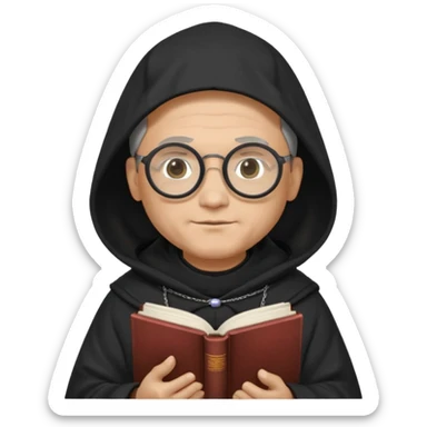 Monk priest prayer black habit with hood round black glasses done light brown wavy hair under hood remove the medallion smaller more round glassed age 46 no necklace more oval face hand holding book that says RB 480 top left is great add a little hair brown gray under hood  sticker