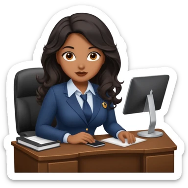 Curvy woman with brown skin with long wavy black hair, brown eyes. She's dressed as a sexy secretary sat on a desk sticker