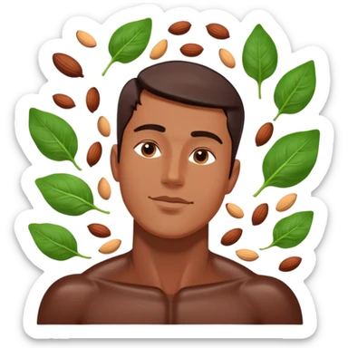 Relaxed male figure surrounded by floating foods: large pieces of shiny dark chocolate prominently displayed, with spinach leaves, almonds, and seeds. Soft light connecting these magnesium-rich foods to muscles and nervous system, showing a soothing effect on the man's body. sticker