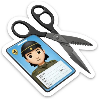 Floating black Scissors cutting in half an idf soldier ID card with a little chip in 2 parts sticker