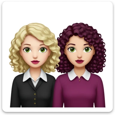 Una chica con el cabello ligeramente ondulado, rubio no tan oscuro, labios en un tono rosa, ojos café y una blusa blanca. Al lado otra chica con el cabello negro rizado, ojos verdes, labios color vino tinto y una blusa negra sticker