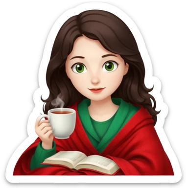 Long wavy dark brown haired, white skinned, dark green eyed girl wrapped in a red and white blanket, sipping tea and reading a book sticker
