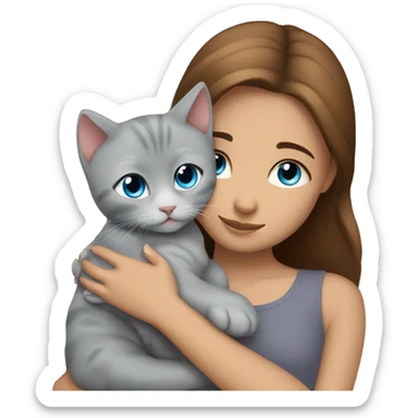 blue eyes grey kitten with two brown hair girls hugs sticker