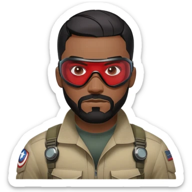 sam wilson have a short, neatly cropped black hair. It is evenly trimmed and close to the scalp, maintaining a clean and military-inspired and  a well-groomed beard that connects to his mustache,  wear sleek, red-tinted tactical goggles fit snugly from captain america: civil war sticker