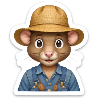 farmer rat in denim overalls with a straw hat sticker