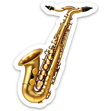 Create a sleek and sophisticated emoji representing the Selmer Super Action 80 Series II saxophone. The design should feature the smooth, golden brass body of the saxophone with its shiny keys and beautiful curves. Highlight the iconic bell of the saxophone and the fine details of the keywork, including the pads and springs. Include the mouthpiece at the top with a reed visible, capturing its essential role in sound production. Use rich gold and brass tones for the instrument with subtle light reflections to enhance its professional appearance. Add musical notes floating around the saxophone to evoke its smooth, jazzy sound. The background should be transparent. sticker