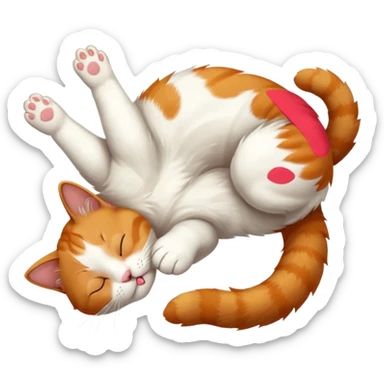 ginger and white small cat eyes closed lying down upside down with paws stretched out in different directions sticker