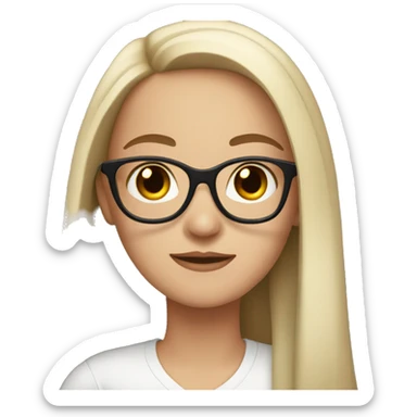 white girl with black straight long hair, dark brown eyes, glasses sticker