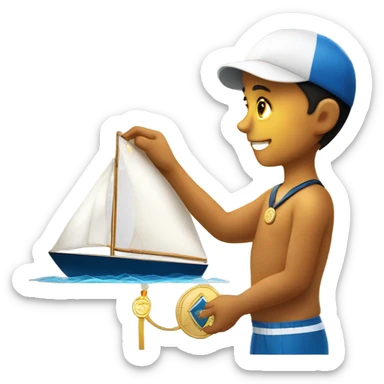 boy puts medal on his sailing boat sticker