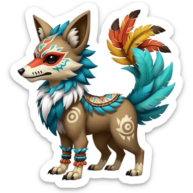 Furry cute colorful exotic tribal feral anime-styled Fakémon-Pokémon-animal-creature with a wolf-skull-head-mask-face, and colorful feathers around neck, with long furry ears, long furry tail, 4 legs, (full body), with intricate pattern-markings sticker