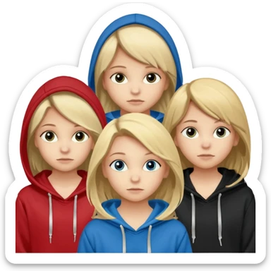 Erstelle eine dreier Gruppe an Mädchen alle ungefähr 14 15 eine Hat blode Haare blaue Augen und trägt einen schwarzen Hoodie die andere hat dunkelblonde Haare und Hazel Augen und trägt ein Rotes Top und die letzte hat braune Haare und rehbraune Augen und trägt ebenfalls einen schwarzen Hoodie sticker