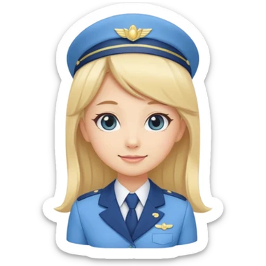 Cute emoji-style Japanese flight attendant, blonde long hair , pastel blue airline uniform, kawaii cartoon style, big eyes, simple clean lineart, pastel colors, chibi proportions, friendly smile, sticker/emoji, transparent background sticker
