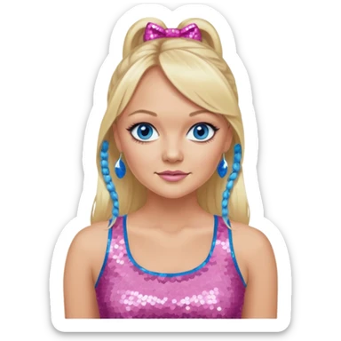 Emma Bunton with long blonde ponytail hair, blue eye, pink sequin crop top sticker