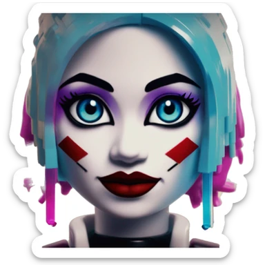 Synthwave Lego in Harley Quinn style, oil paint, mysterious eyes, intricate lips, masterpiece portrait, odd perspective, beautiful, desirable, logical sticker