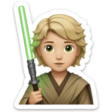 Young jedi with dark brown eyes and sandy blonde wavy short hair holding a green light saber.  sticker