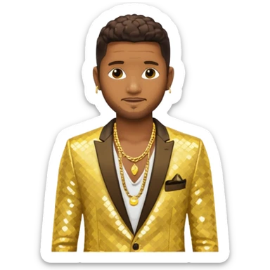Usher with dark brown, butter yellow sequin suit jacket, shirtless with necklace sticker