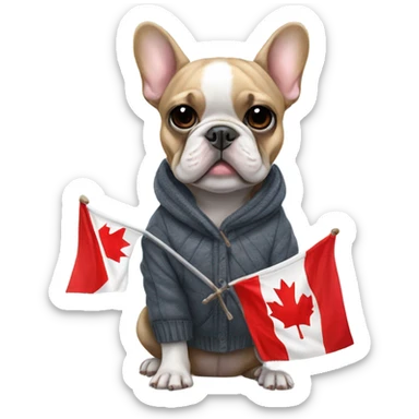French bulldog in winter clothes holding a Canadian flag sticker