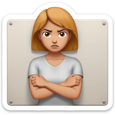 woman with avoidant attachment style with angry expression, arms firmly crossed creating barrier, body turned slightly away showing emotional distance, dismissive cold eyes, small wall or barrier symbol nearby sticker