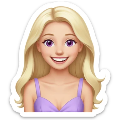 laughing Luxury blonde model, hazel eyes, sleek long hair, pastel purple dress sticker