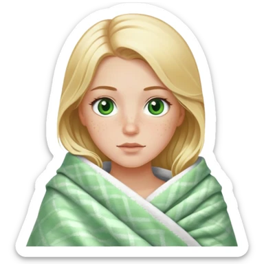 Beautiful white girl with and blonde with green eyes and freckles wrapped in a blanket sticker