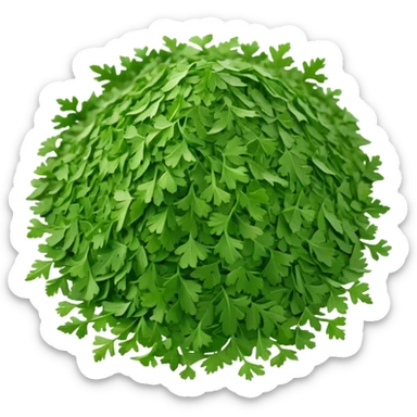 loose scatter of finely chopped dried parsley leaves with flat jagged shapes and soft matte texture, color ranges from bright to muted green, slight curl and crispness suggesting freshness preserved, no jar spoon or extras, just the herb, soft lighting, subtle shadows, emoji scale sticker