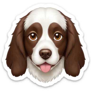 Cinematic Comical Springer Spaniel Portrait Emoji, Head tilted dramatically with an exaggeratedly amused expression, featuring a striking liver and white Fur with dynamic patterns, wide, expressive brown eyes filled with playful disbelief, Simplified yet hilariously expressive features, highly detailed, glowing with a slightly sassy glow, high shine, dramatic yet playful, stylized with an air of cheeky mischief, bright and endearing, soft glowing outline, capturing the essence of a spirited and over-the-top companion, so meme-worthy it feels like it could side-eye its way into internet fame instantly! sticker