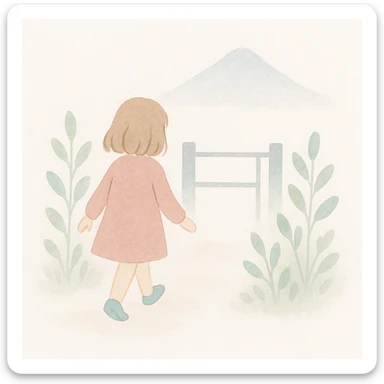 soft watercolor illustration in a minimalist modern style of a female child walking outside of a gate viewed from behind, with green plants outside the gate and a mountain in the background, pastel colors, delicate linework, gentle whimsical mood, minimal soft shading sticker