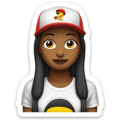 CHICA DE CABELLO HASTA LOS HOMBROS DE COLOR NEGRO, USA ANTEOJOS DE SOL, REMERA OVERSIDE COLOR ROJA Y GORRA CON VICERA. TIENE UNA ONDA MUY ATRACTIVA COMO DE SKATER sticker