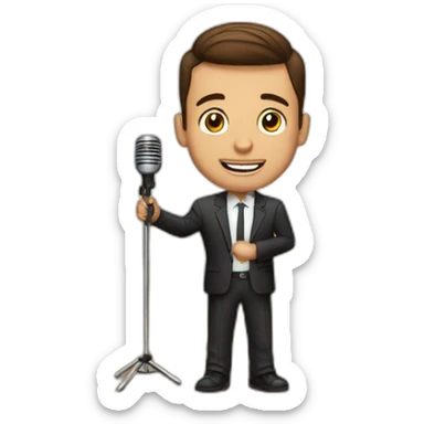  men with brown hair and light skin with microphone stand in front of him with show spotlights on a stage and many lights and spotlights on a raised theater stage sticker