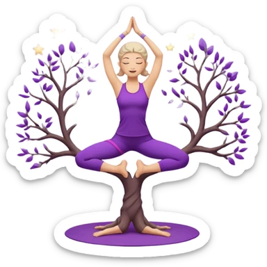 A serene woman wearing purple yoga clothes balancing in tree pose, stars around her, meditative aura. sticker