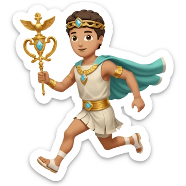 a guy (hermes) running with his caduceus and a petasos on his head in a greek tunic sticker