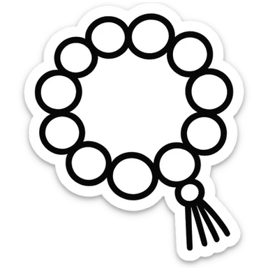 Ultra minimal prayer beads with just a few simple round beads and a tiny tassel, no extra details, plain background, hand drawn icon style with no fill. sticker