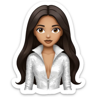 Ciara with long dark brown hair, white sequin outfit sticker
