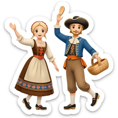 Cinematic Realistic scene of two performers executing the Klompendans, dressed in traditional Dutch costumes complete with wooden clogs and detailed folk patterns, captured in lively motion with soft, natural lighting sticker