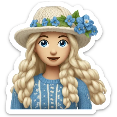 beautiful finnish long hair woman with blue eye knitting floral hat sticker