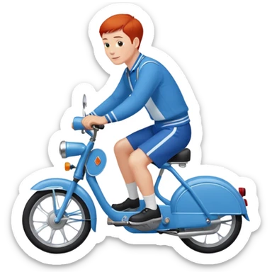 Un Solex 5000 de couleur blanche avec un homme aux guidon, habillé en bleu avec les cheveux courts et roux  sticker