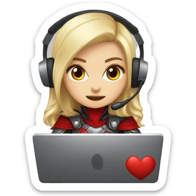 female blonde with armor and a red hood, amber eyes, red crescent moon on her right cheek, talking on headset, playing on her pc, chibi twicht emote, clear background sticker