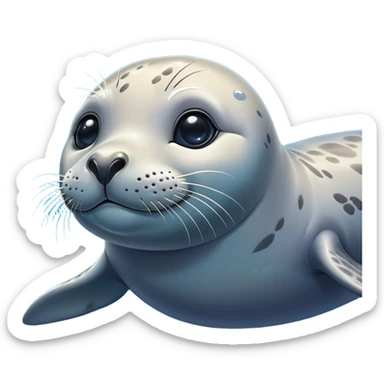 Cinematic Cute harbour seal Portrait Emoji, Head tilted playfully and inquisitively, featuring a charming, plump form with a sleek, shiny body and round, sparkling eyes full of gentle wonder, accented by a subtly contoured head, Simplified yet irresistibly adorable features, highly detailed, glowing with a warm, friendly oceanic glow, high shine, affectionate and lively, stylized with a touch of whimsical seaside charm, soft glowing outline, capturing the essence of a mischievous yet loving harbour seal that seems as if it could pop out of the screen into your arms! sticker